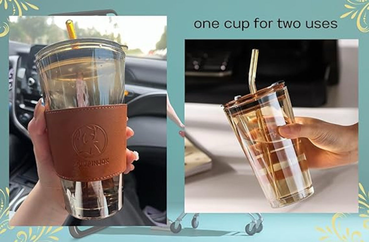 GLASS COFFEE SIPPER WITH LID AND GLASS STRAW 400ML